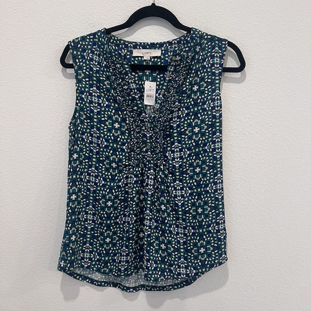 Loft Green & Blue Sleeveless Partial Button Top Women’s Size S Career Office